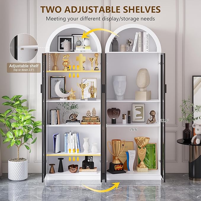 Dystler Display Cabinet with Doors and Adjustable Shelves, 76" Tall Display Case with LED Lights/Arch Storage Space, 6 Tier Bookcase for Collectibles Bedroom Living Room Office, White