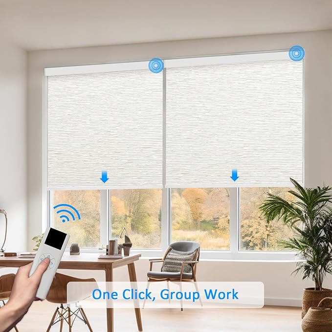 COOLWINDS Motorized Blinds with Remote Cordless Automatic Motorized Shades Custom Blinds for Windows Smart Curtains Compatible with Alexa Google Home(Light Filtering Jacquard Beige,W57 x H72in)