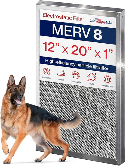12x20x1 Electrostatic Air Filter, MERV 8, Reusable Furnace AC/HVAC Filter by LifeSupplyUSA