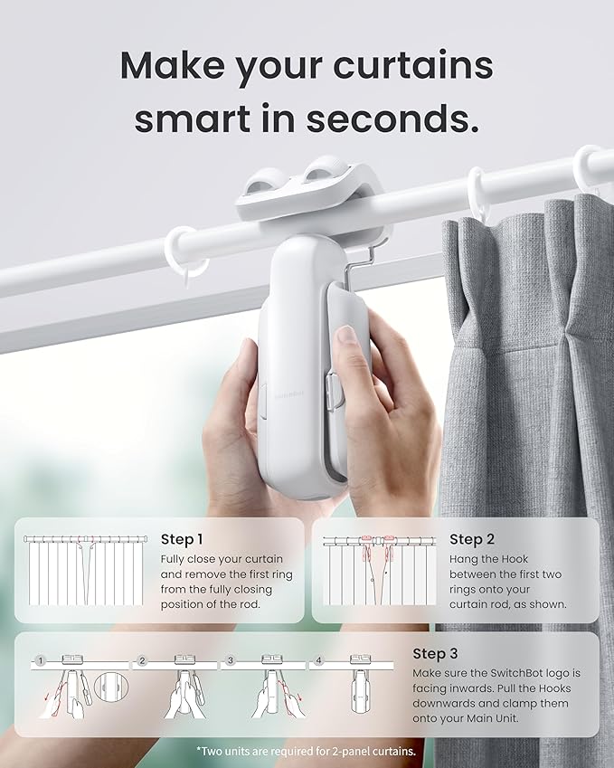 SwitchBot Smart Automatic Curtain Opener with Solar Panel - Bluetooth Remote Control with App/Timer, High-Performance Motor,Add SwitchBot Hub to Compatible with Alexa, Google Home, HomeKit