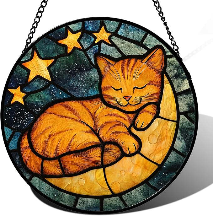 AMDERVEN Stained Glass Window Hanging - Orange Cat Sun Catcher for Door Home Decor Stars and Moon Suncatcher Christmas Mother's Day Birthday Loss of a Pet Gifts for Women Men Mom Nana 9.8 in