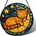 AMDERVEN Stained Glass Window Hanging - Orange Cat Sun Catcher for Door Home Decor Stars and Moon Suncatcher Christmas Mother's Day Birthday Loss of a Pet Gifts for Women Men Mom Nana 11.8 in