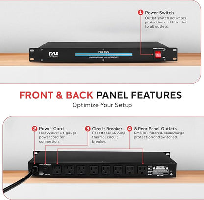 Pyle 1800W 8-Outlet Rack Mount Power Conditioner - 15 Amp Surge Protector - - Image 3