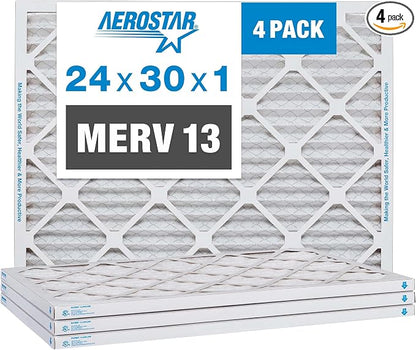 Aerostar 24x30x1 MERV 13 Pleated Air Filter, AC Furnace Air Filter, 4 Pack by AirFiltersDelivered