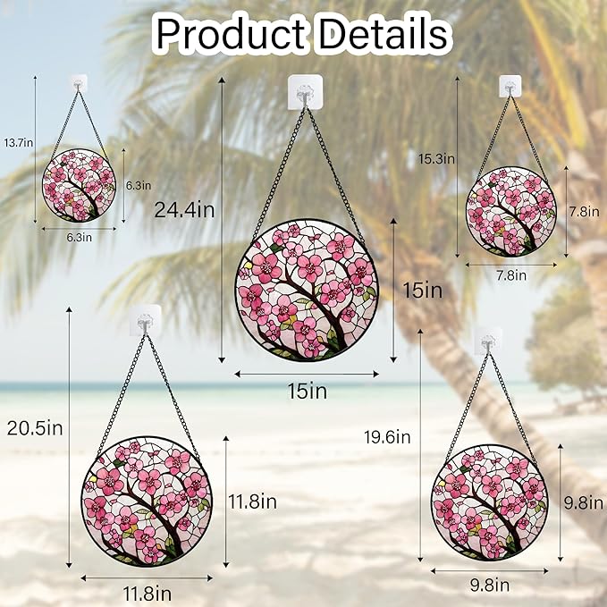 CRISGIF Stained Glass Window Hanging - Cherry Blossoms Birth Flower Suncatcher for Door Garden Patio Sun Catchers Decor Christmas Mother's Day Birthday Gifts for Women Mom Nana Friend Wife 7.8 in