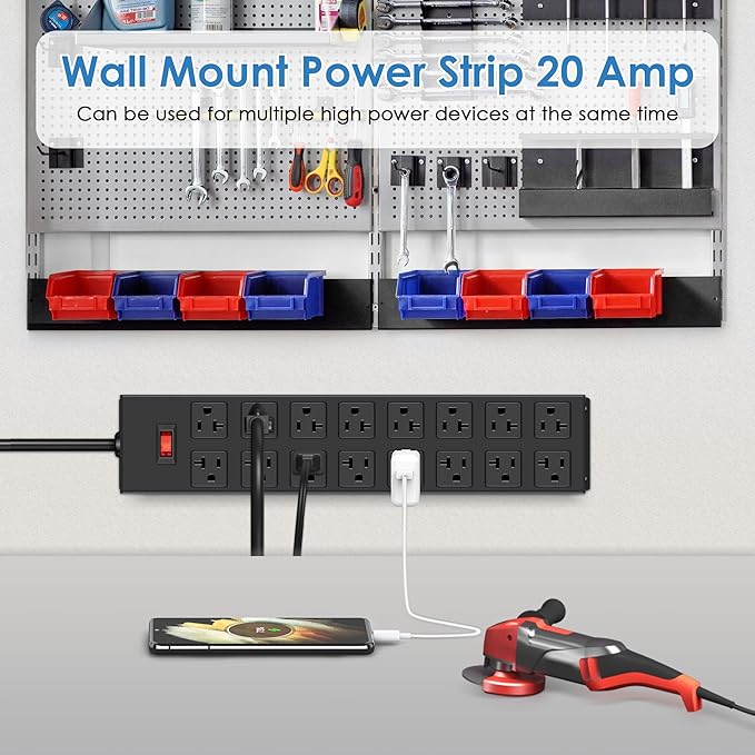 JUNNUJ Heavy Duty 20 Amp Power Strip, Garage 16 Outlets Metal 12 Gauge Surge Protector 3000J, High Amp 5-15P Adapter Shop 6-20R T-Slot Industrial Outlets (16AC, 4FT)