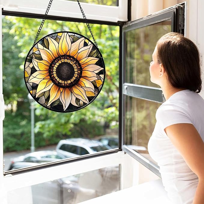 CRISGIF Stained Glass Window Hanging - Sunflower Suncatcher for Door Garden Patio Retro Flower Sun Catchers Decor Christmas Mother's Day Birthday Gifts for Women Mom Nana Friend Wife 9.8 in