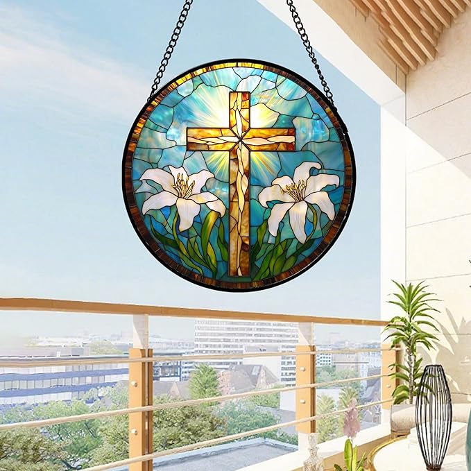 DASTOLL Christian Gifts for Women - Cross Stained Glass Window Hanging Jesus Easter White Lily Flower Sun Catcher Garden Religion Decor Mother's Day Catholic Gift for Men Grandma Mom Her Nana 7.8"