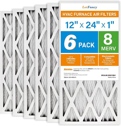 LotFancy 12x24x1 Air Filter MERV 8 6-Pack, Electrostatic Pleated Furnace & AC by LotFancy