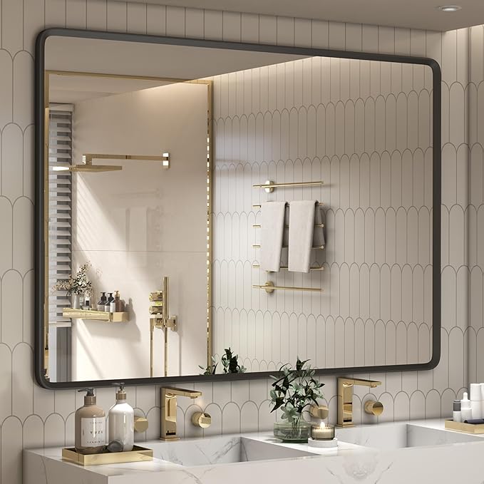 55x40 Inch Black Matte Framed Mirror for Bathroom, Rounded Rectangle Mirror, Bathroom Vanity Mirror for Wall, Anti-Rust, Shatterproof (Horizontal/Vertical)