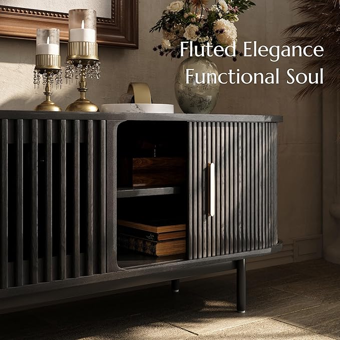 POVISON Fully-Assembled Mid Century Modern Black TV Stand with White Glossy Sintered Stone Tabletop & LED Lights, Rolling Door Media Console, Wood TV Console for Living Room