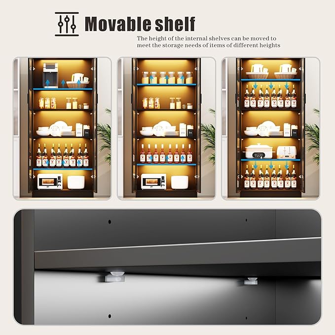 Dystler Display Cabinet with Adjustable Shelves, 65" Tall Bookcase with LED Lights/Human Sensor, 5 Tier Display Case for Collectibles Bedroom Living Room Office, Black - Transparent Acrylic Doors
