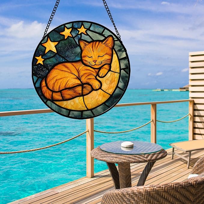 AMDERVEN Stained Glass Window Hanging - Orange Cat Sun Catcher for Door Home Decor Stars and Moon Suncatcher Christmas Mother's Day Birthday Loss of a Pet Gifts for Women Men Mom Nana 7.8 in