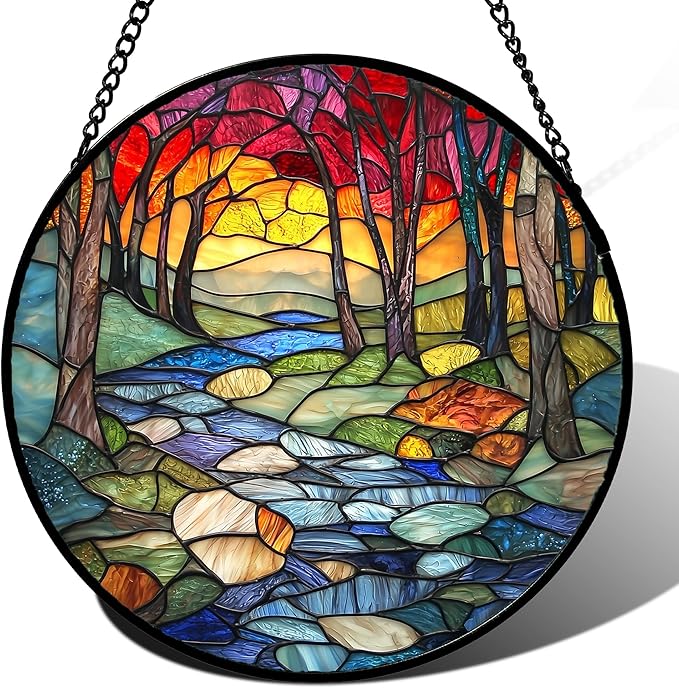 AMDERVEN Stained Glass Window Hanging, Red Tree Abstract Sunset Lake Sun Catcher for Window Home Decor Landscape Suncatcher Mother's Day Birthday Gifts for Women Men Mom and Nana 6.3 in