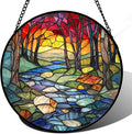 AMDERVEN Stained Glass Window Hanging, Red Tree Abstract Sunset Lake Sun Catcher for Window Home Decor Landscape Suncatcher Mother's Day Birthday Gifts for Women Men Mom and Nana 6.3 in
