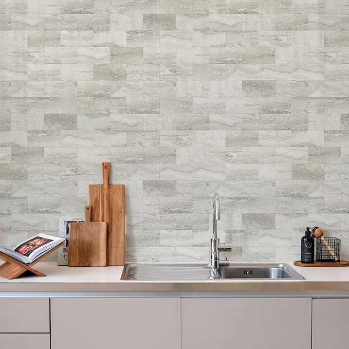 Vamos Tile 100-Piece Matt Beige Mixed Grey Slate Peel and Stick Backsplash Seamless Tile,3''x6'' PVC Subway Tile,Stick on Backsplash for Kitchen/Bathroom/Laundry Room