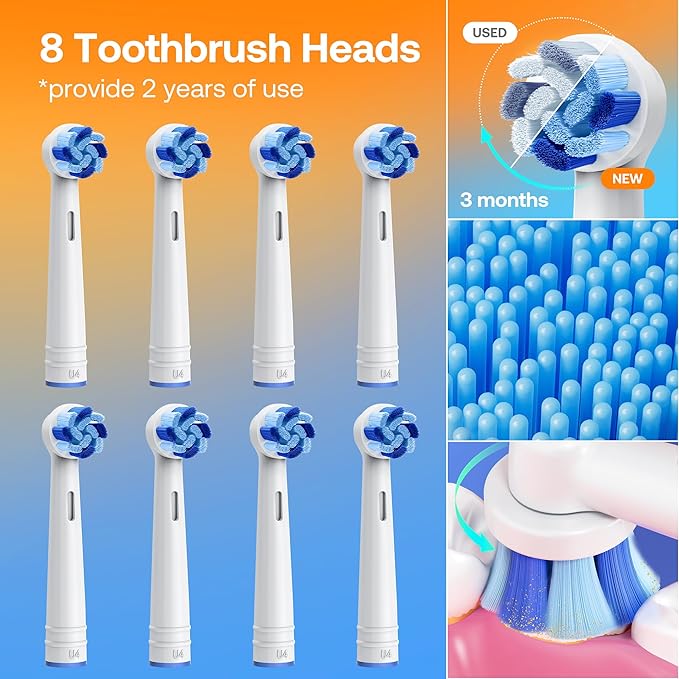 Bitvae R1 Rotating Electric Toothbrush with 8 Brush Heads for Adults and Kids, 5 Modes Rechargeable Power Toothbrush, 3 Hours Fast Charge for 60 Days, Brushing Timer, Pink