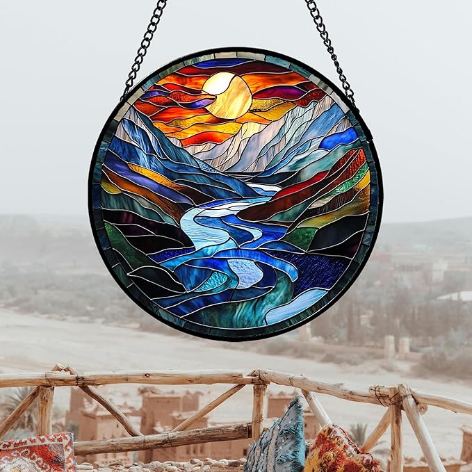 AMDERVEN Stained Glass Window Hanging, Canyon Mountains Sunset View Sun Catcher for Window Home Decor Landscape Suncatcher Mother's Day Birthday Gifts for Women Men Mom and Nana 6.3 in