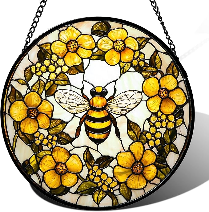 AMDERVEN Stained Glass Window Hanging - Yellow Flowers Surrounded by Bees Sun Catcher for Door Garden Home Decor Cute Suncatcher Christmas Mother's Day Birthday Gifts for Women Men Mom Nana 11.8 in