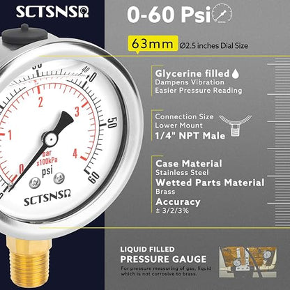 2-1/2" Dial Size, 0-60 Psi Low Pressure Gauge, Glycerin Liquid Filled, 1/4" NPT - Image 2