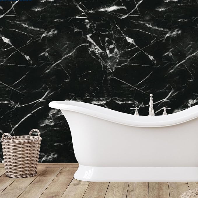 Dundee Deco Faux Marble Wall Panels - Sample - Glossy, Waterproof Indoor Wall Cladding - Black, White Veins - Sample 6" x 6"