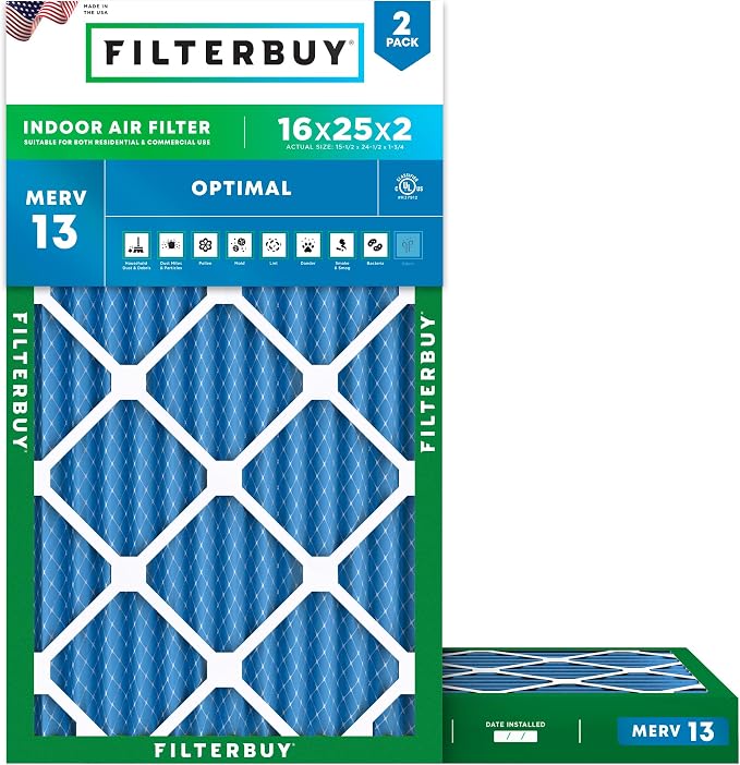 Filterbuy 16x25x2 Air Filter MERV 13 Optimal Smoke & Allergy Defense, by Filterbuy