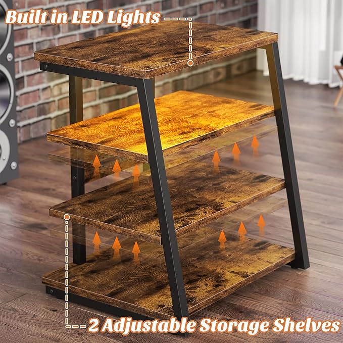 Besiost AV Media Stand with Outlets, Media Console with LED Lights, Stereo Racks and Stands with Storage Shelves, Media Audio Tower Cabinet, Rustic Brown