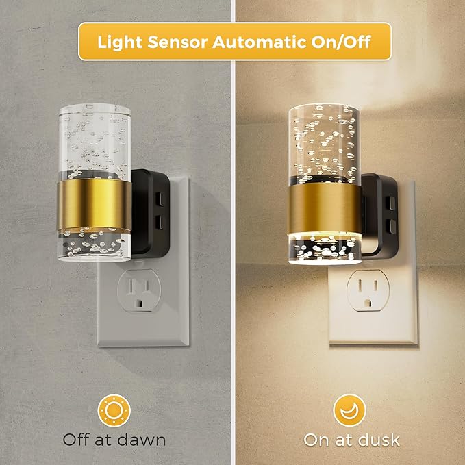 Night Lights Plug into Wall, Dimmable Night Light with Dusk-to-Dawn Light Sensor, Soft White/Cool White/Amber 3 Light Color, Adjustable Brightness, Rotatable plug, Bubble Nightlight for Hallway