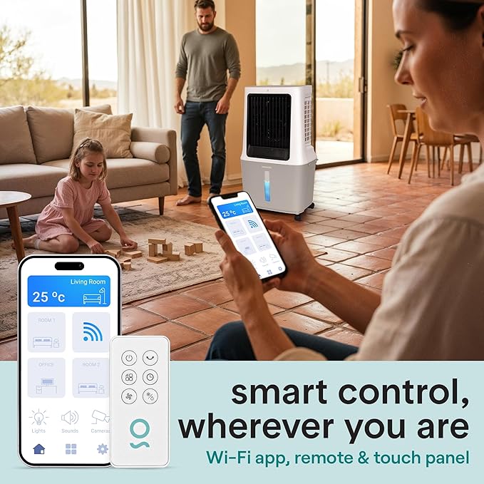 SereneLife Portable Swamp Cooler Air Conditioner - 2500 CFM Airflow, 8 Gallon Water Tank Portable Evaporative Air Cooler for Room & Outdoors, WiFi, Humidifier & Fan Modes, Ice Packs & Remote Included