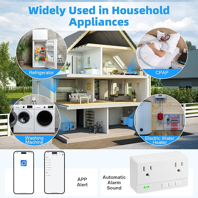 Freezer Alarm Wireless WiFi Alert 2.4GHz,Power Failure Alarm with 2 Socket, 110dB Power Loss Alert with LED Indicator,Blackout Alert for GFCI Trips,Refrigerator,Freeze,Compatible with Smart Life