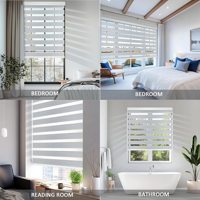 COOLWINDS Motorized Zebra Blinds for Windows Cordless Electric Curtains with Remote Control Blackout Shades Custom Smart Blinds Compatible with Alexa Google Home(95% Blackout Grey,W26 X 72in)