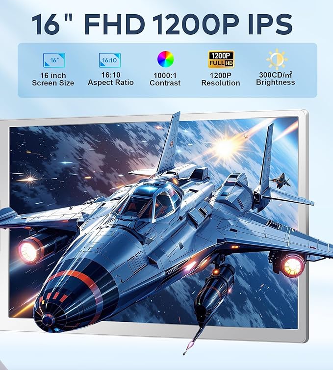 FOPO 16" Laptop Screen Extender Monitor Portable, Quad Monitor, Just 1 Cable for 3 Screens, FHD 1200P IPS Laptop Extender Compatible with Wins/Mac for 13.6" - 18.5" Laptops