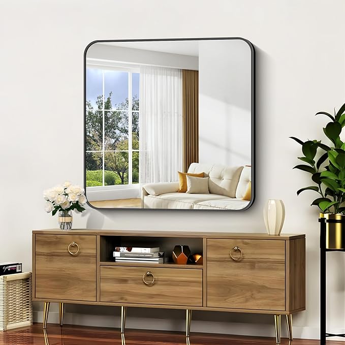 Bathroom Mirror, 39x39 inch Black Square Wall Mirror, Metal Frame Rounded Corner Vanity Mirror, Large Wall Mounted Mirror for Modern Bedroom Living Room Horizontal Or Vertical Mounting