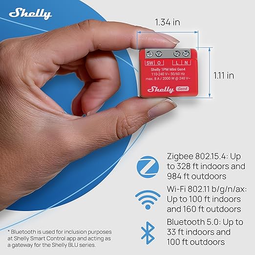 Shelly 1PM Mini Gen4 | Wi-Fi, Zigbee, Matter Smart Relay Switch with Power Metering, 1-Channel 8A | Home Automation | Alexa, SmartThings, Google, Apple HomeKit Compatible | iOS Android App (2 Pack)