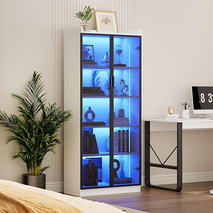 Dystler Display Cabinet with Doors and Adjustable Shelves, 65" Tall Bookcase with LED Lights/Human Sensor, 5 Tier Display Case for Collectibles Bedroom Living Room Office, White