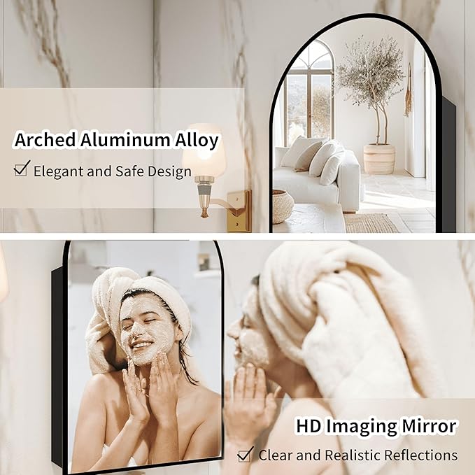 Arched Medicine Cabinet with Mirror,Vanity Mirror with Storage,Wall Mounted Medicine Cabinet with Adjustable Shelves, Reversible Door & HD Mirror,15.7x29.5 inch,Not Recessed,Black