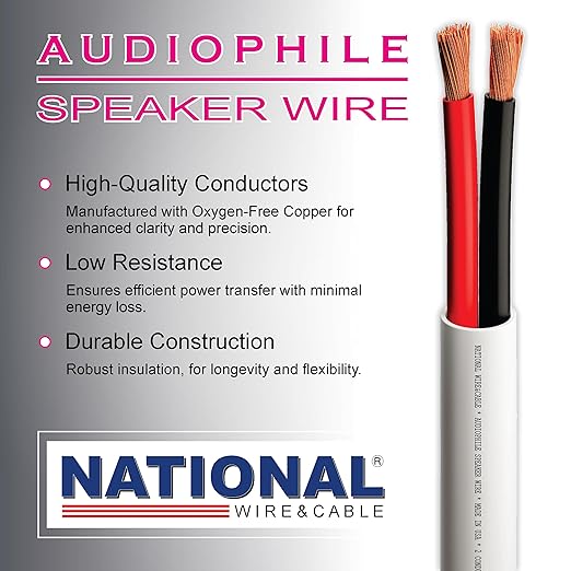NATIONAL Wire&Cable - 16/2 Audiophile Speaker Wire (1000 Feet) 16AWG Gauge - Made in USA - in Wall Audio Speaker Wire Cable/CL Rated/ETL Listed / 2 Conductors - Oxygen-Free Copper, White 1000ft