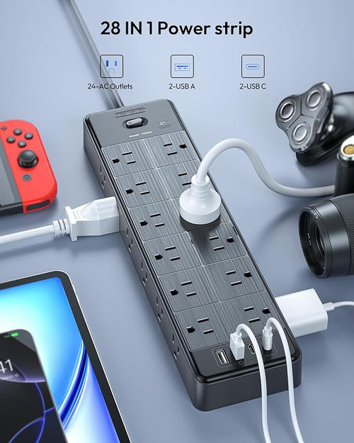 24 Widely Outlets 5 Ft Extension Cord NTONPOWER 15A/1875W Power Strips,Black Extension Cord 25FT with 4 USB Ports(2 USB C), Wall Mount Holes for Home, Office