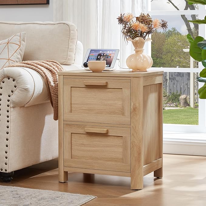 Joaxswe Farmhouse Nightstand with Charging Station, End Tables Bedroom with 2 Large Drawers & 4 Thickened Table Legs, Natural Wood