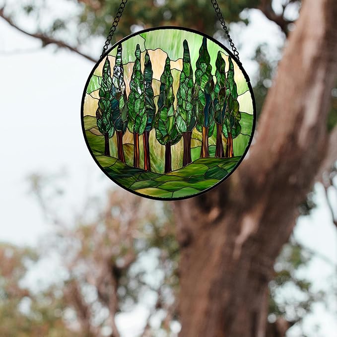 AMDERVEN Stained Glass Window Hanging 4 Pcs Set Forest Green Trees Winter Snow Large 11.8" - Suncatcher Door Garden Sun Catcher Home Decor Birthday Mother's Day for Woman Nana Mom Men