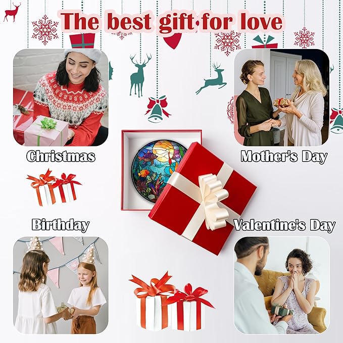 AMDERVEN Stained Glass Window Hanging - Blue Ocean World Small Fish Coral Sun Catcher for Door Garden Home Decor Sea Suncatcher Christmas Mother's Day Birthday Gifts for Women Men Mom Nana 11.8 in