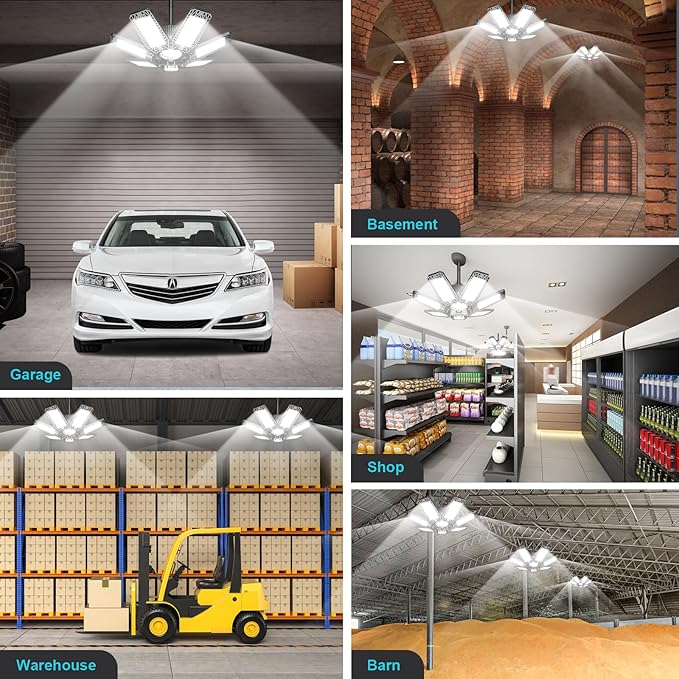 CHENGCHILIT LED Garage Light - 200W 20000LM 6500K LED Garage Ceiling Lights with 7+1 Adjustable Panels, Shop Lights Screw in E26 E27 Bulb Socket for Workshop, Storage Room, Basement, Warehouse