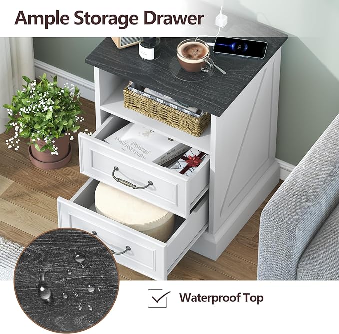 Nightstand with Charging Station,18" Wide End Table with 2 Large Drawers & Metal Handles,Rustic Farmhouse Wood Small Dresser,Bedside Table,Modern Chest of Drawers for Bedroom,Living Room,Off White