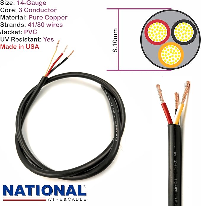 NATIONAL Wire & Cable – 14 AWG 3-Conductor Premium Copper Wire, 25 ft, Stranded | Made in USA, Heavy-Duty Flexible Jacket | Automotive, Low Voltage, LED, Lights, DIY, Indoor and Outdoor Use