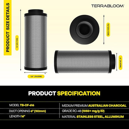 TerraBloom 6" Air Filter 16" Long, 46mm Thick Carbon Bed, Airflow up to 400 - Image 2