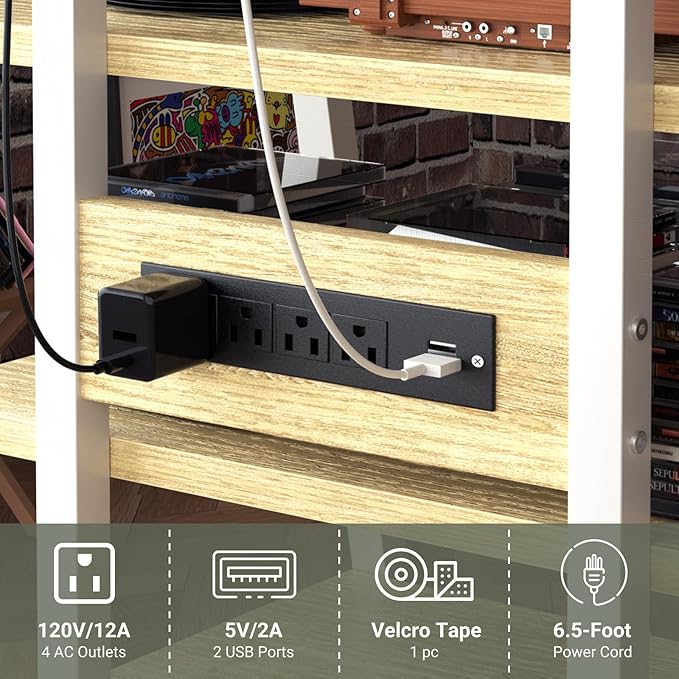 Besiost AV Media Stand with Outlets, Media Console with LED Lights, Stereo Racks and Stands with Storage Shelves, Media Audio Tower Cabinet, Natural Oak and White