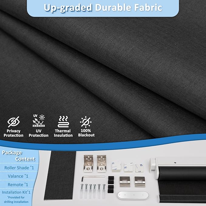 MANSNIX Smart Motorized Blinds with Remote, Cordless No-Drill Automatic Roller Shades, Blackout Electric Blind for Windows, Black, 30 x 72