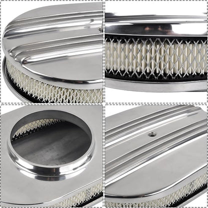 12" Air Cleaner Kit Polished Aluminum Oval Half Finned Compatible - Image 3