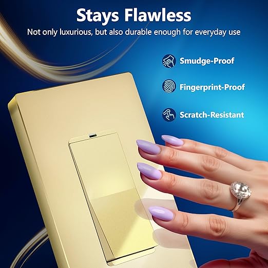 LIDER Minimalist Design Matte Finish Lighted Decorator Switch, Frameless Paddle Light Switch with Locator Light, Grounding Screw, 15A 125V, UL Listed, LS15-1P-GD5P, Gold, 5 Pack