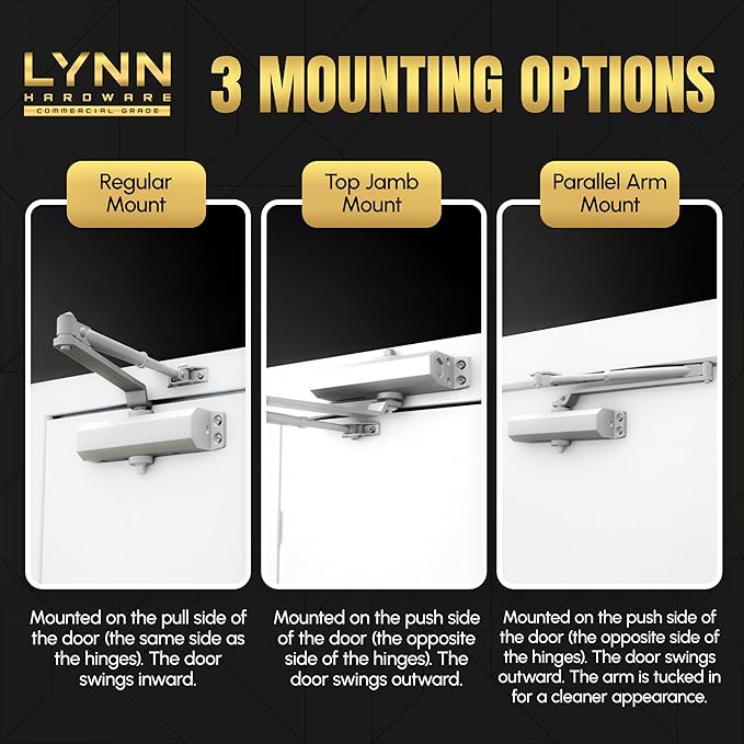 LYNN HARDWARE Heavy Duty Automatic Door Closer (Black) - Commercial Grade, Contractors Choice, Adjustable Speed & Force, Delayed Closing Timer, 3 Mounting Options, 3 Hour Fire Rated (DC8016 Model)